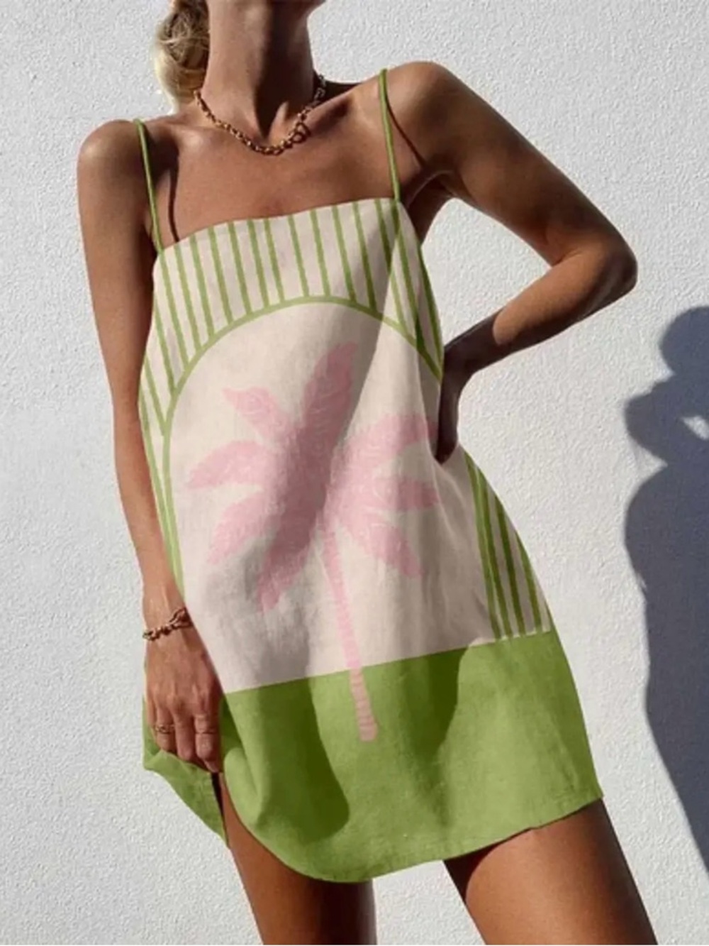 Shein Green & Cream Cabana Striped Pink Palm  lightweight Beach Dress